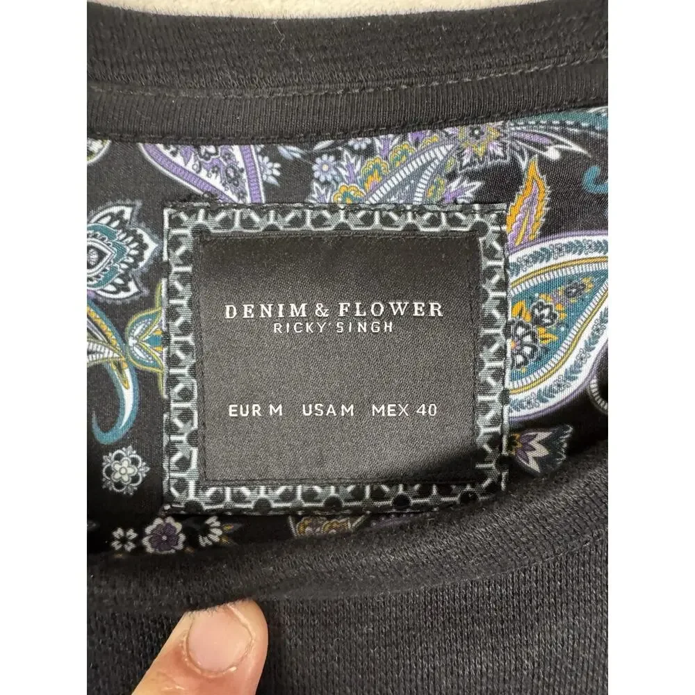 Denim & Flower Ricky Singh Mens M Black Textured Long Sleeve Crewneck